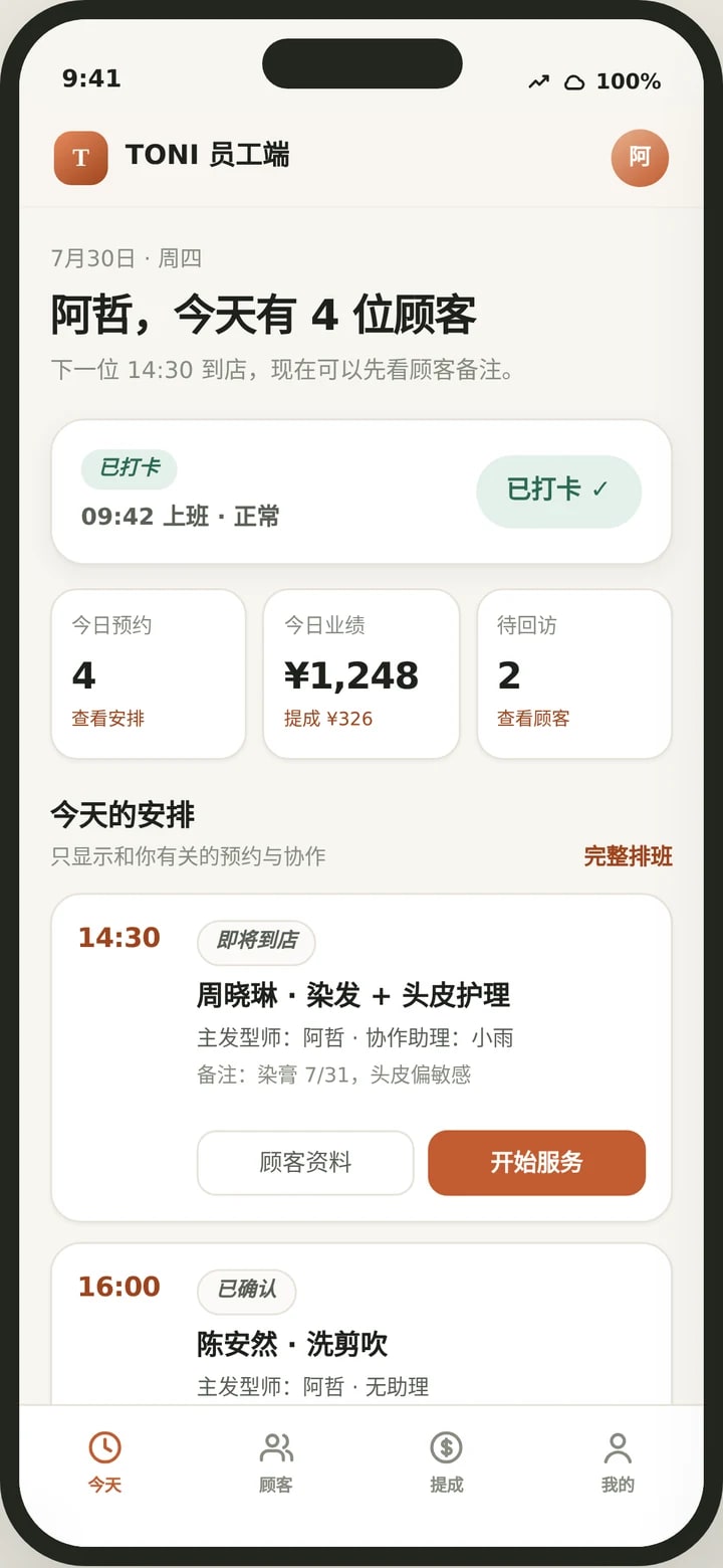 TONI 掌店员工手机端今日页面